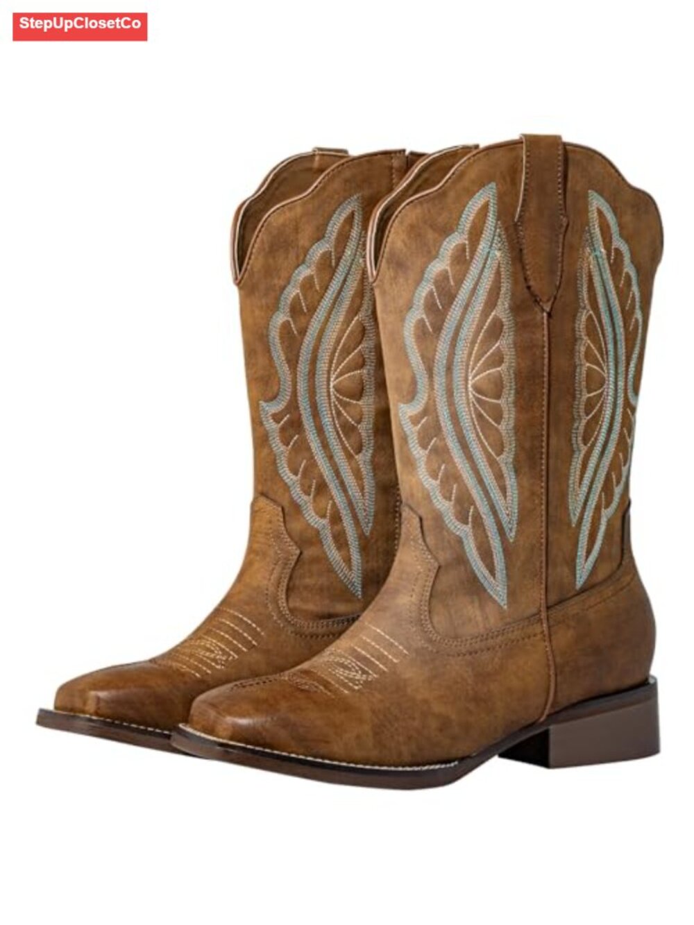 Extra Wide Calf Cowboy Boots Faux Leather Square Toe Pull-On Western Womens
